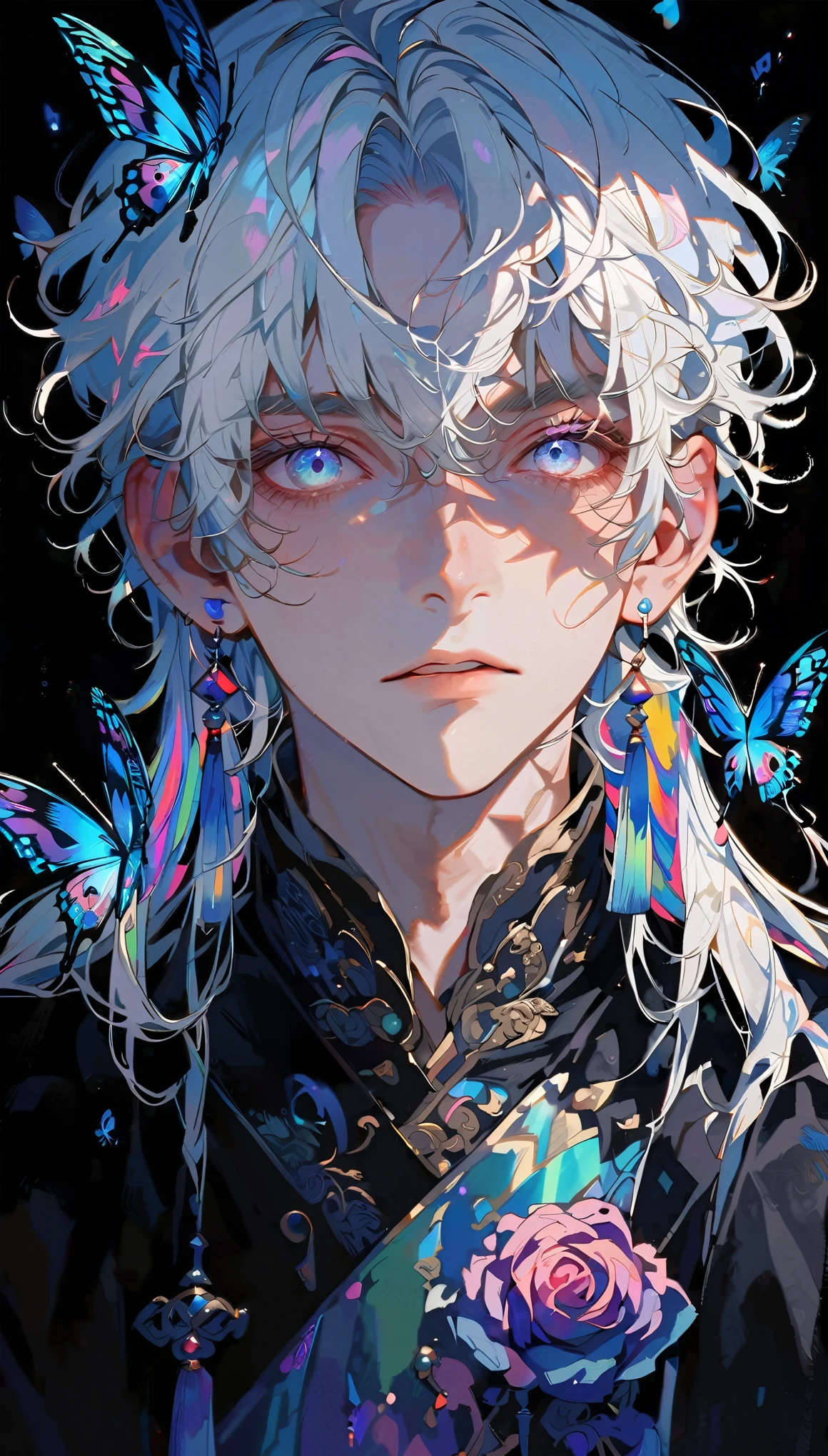 masterpiece, Male focus, 1 boy, solitary, White hair, tassel earrings, tassel, Jewelry, earrings, black background, blue eyes, Long hair, crystal, Butterfly, Upper Body,  Colorful hair，Pearlescent Rose，Personal，The eyes are depicted in great detail