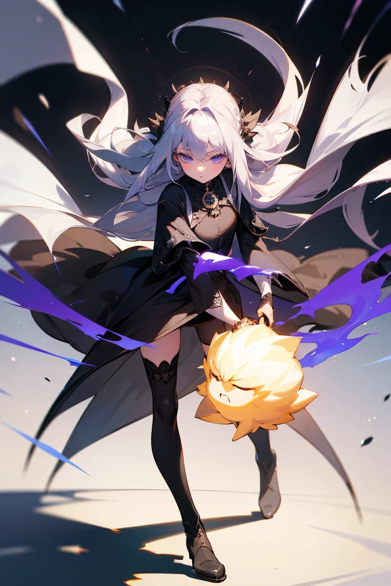 Best quality,masterpiece,ultra high res,extremely delicate and beautiful,best shadow,intricate,finely detail, 1girl,silver hair,oval face,depth_of_field,long hair,Fluffy hair, Sleeves long legs,black stockings,black boots,dress,black purple clothes,gown, (elementalmaster:1.3),aishalandar, Standing posture,movie perspective,Face Focused,bust,