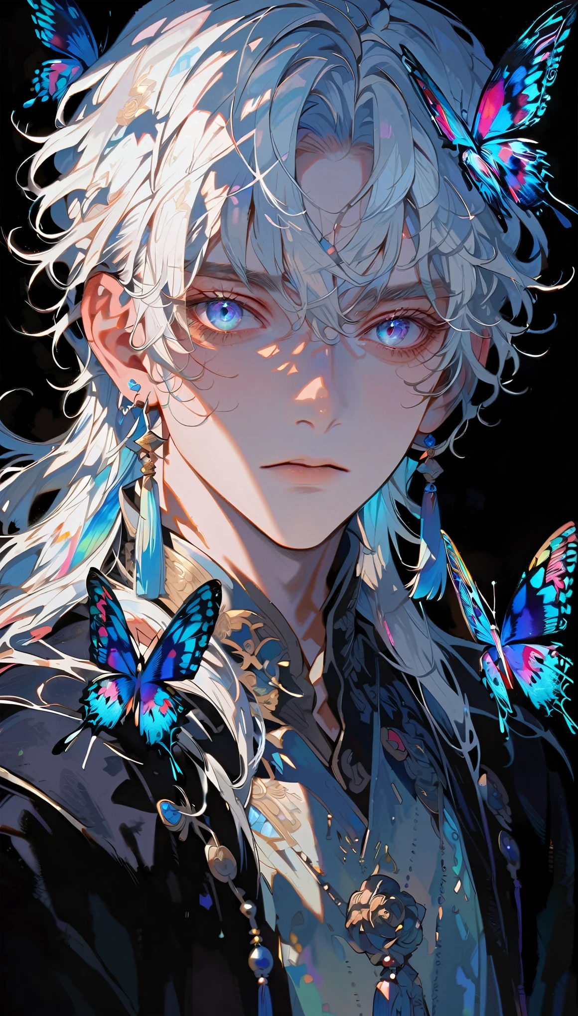masterpiece, Male focus, 1 boy, solitary, White hair, tassel earrings, tassel, Jewelry, earrings, black background, blue eyes, Long hair, crystal, Butterfly, Upper Body, Colorful hair,Pearlescent Rose,Personal,The eyes are depicted in great detail
