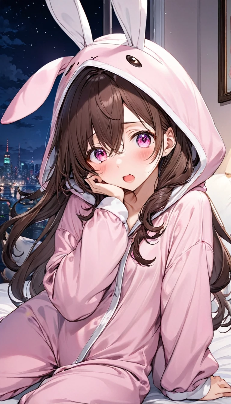 (Kigurumi pajamas style) 13 yo, solo ((hair over eyes)) (brown hair long hair cute girl, surprised pink eyes, surprised face), (in a bunny hooded, bunny kigurumi), break, in the lovely bedroom of night, BREAK, masterpiece, best quality, 16k, beautiful detailed night, daydreaming expression.