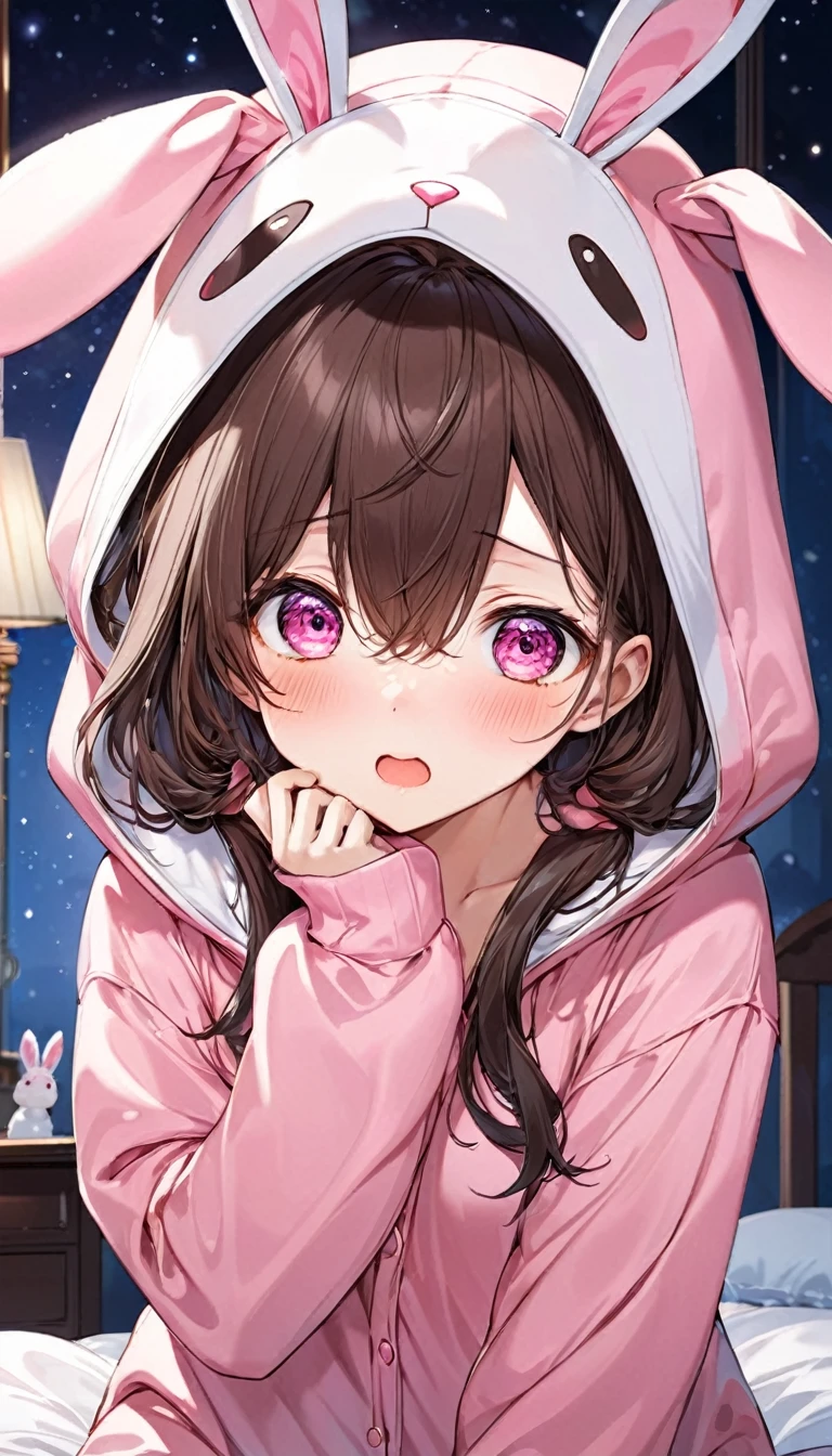 (Kigurumi pajamas style) 13 yo, solo ((hair over eyes)) (brown hair long hair cute girl, surprised pink eyes, surprised face), (in a bunny hooded, bunny kigurumi), break, in the lovely bedroom of night, BREAK, masterpiece, best quality, 16k, beautiful detailed night, daydreaming expression.