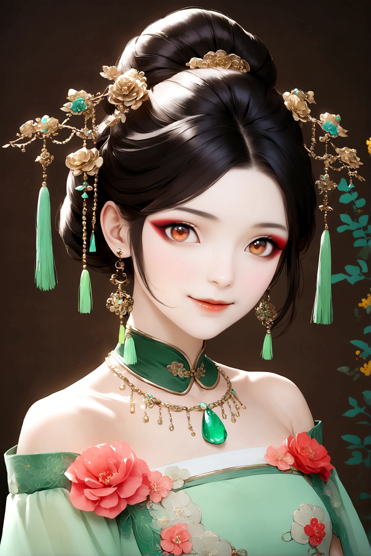 1girl, solo, looking at viewer, smile, black hair, hair ornament, dress, jewelry, closed mouth, upper body, flower, earrings, necklace, makeup, chinese clothes, green dress, realistic
