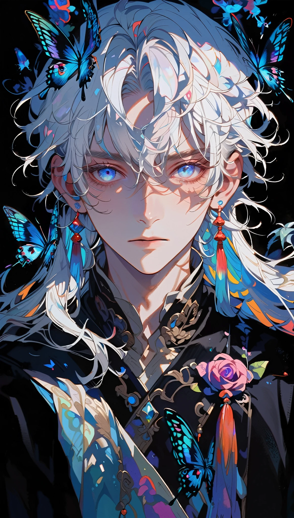 masterpiece, Male focus, 1 boy, solitary, White hair, tassel earrings, tassel, Jewelry, earrings, black background, blue eyes, Long hair, crystal, Butterfly, Upper Body, Colorful hair,Pearlescent Rose,Personal,The eyes are depicted in great detail