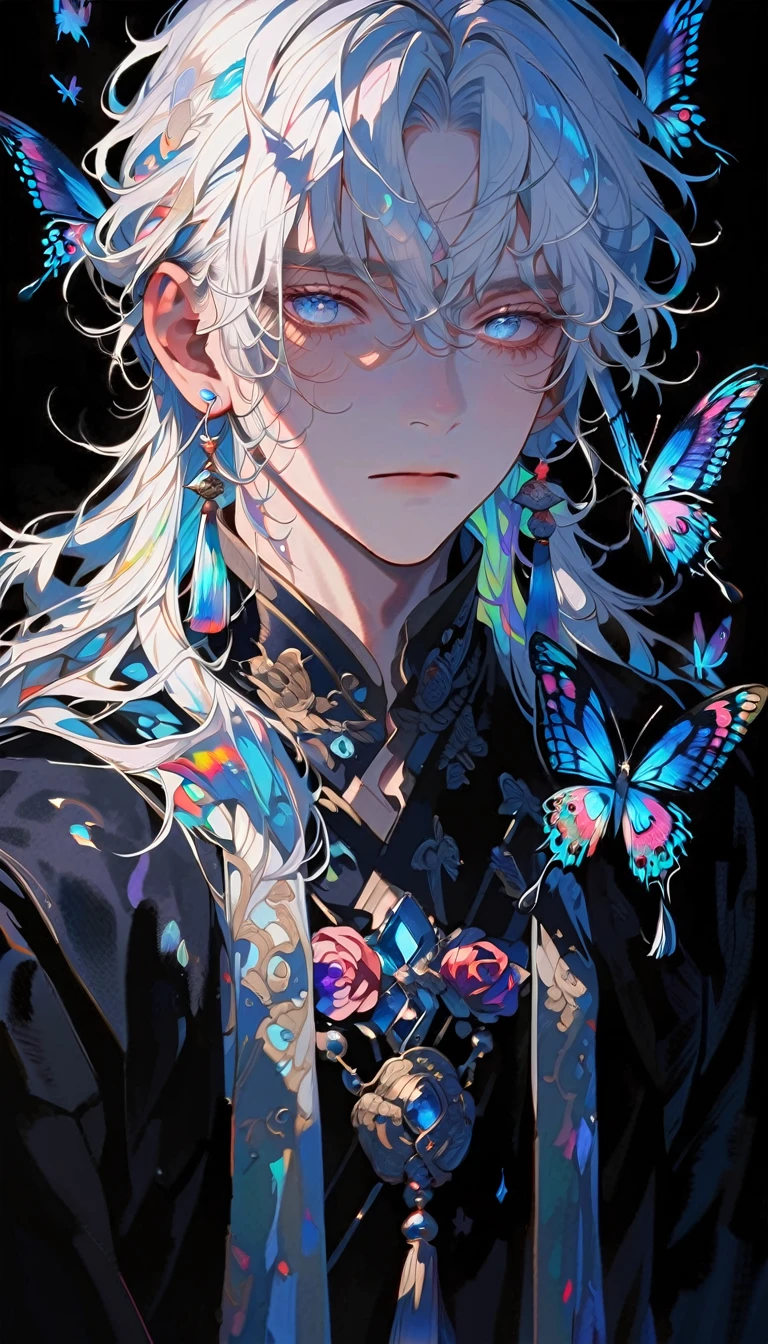 masterpiece, Male focus, 1 boy, solitary, White hair, tassel earrings, tassel, Jewelry, earrings, black background, blue eyes, Long hair, crystal, Butterfly, Upper Body,  Colorful hair，Pearlescent Rose，Personal，The eyes are depicted in great detail