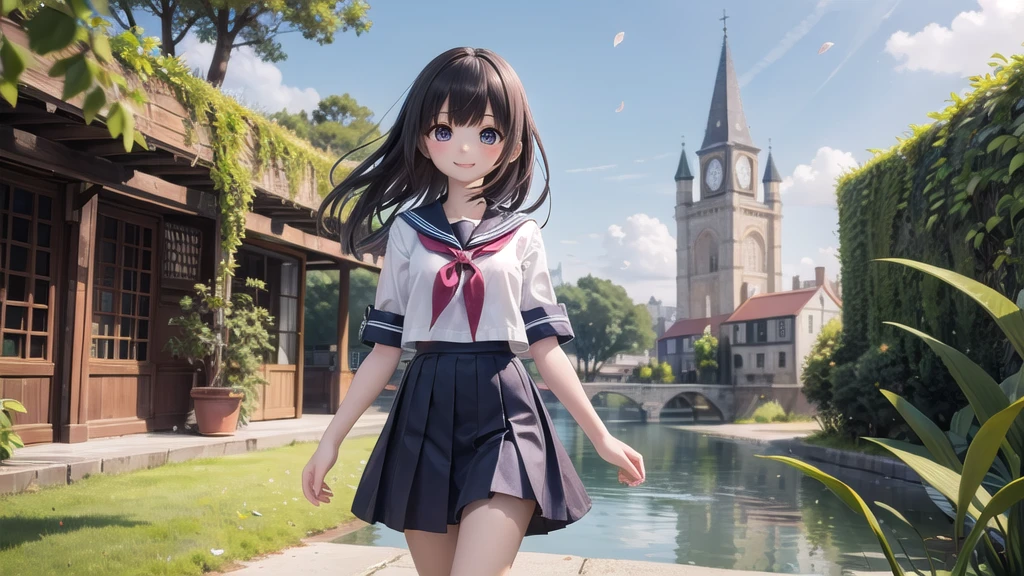 (masterpiece), town, blue sky, One girl, smile, alone, Sailor suit、Long skirt, Overgrown, petal, plant、Skirt lining、Translucent slip