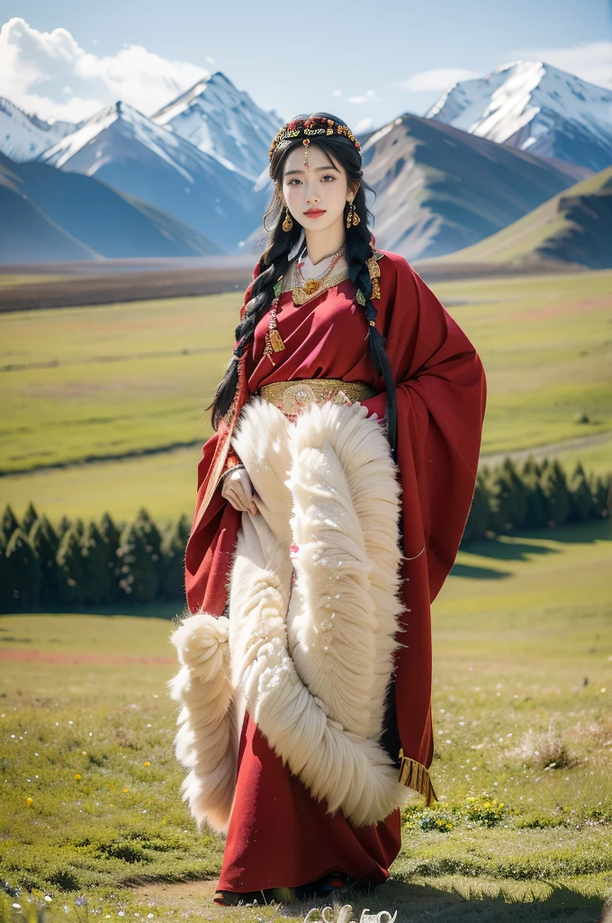 (((best quality))),(((ultra detailed))),(((masterpiece))),illustration,a beautiful Tibetan girl,solo,slim,earrings,necklace,flat chest,Plush hat,parted red lips,snow-capped plateau,magnificent red traditional outfit,radiant smile,Standing by the roadside,vast verdant grasslands,majestic snow-capped peaks,striking appearance,dark almond-shaped eyes,sparkling with joy,long flowing black hair,intricate braids,colorful beads,jewelries,intricately woven ribbons,red rob embroidered with golden threads,Tibetan culture,lush green grasslands,serene ambiance,sheep and yaks grazing,crisp air,invigorating scent of the highland,beauty and resilience,pure bliss,full body,boots,