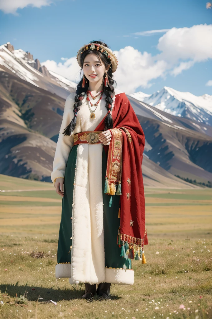 (((best quality))),(((ultra detailed))),(((masterpiece))),illustration,a beautiful Tibetan girl,solo,slim,earrings,necklace,flat chest,Plush hat,parted red lips,snow-capped plateau,magnificent red traditional outfit,radiant smile,Standing by the roadside,vast verdant grasslands,majestic snow-capped peaks,striking appearance,dark almond-shaped eyes,sparkling with joy,long flowing black hair,intricate braids,colorful beads,jewelries,intricately woven ribbons,red rob embroidered with golden threads,Tibetan culture,lush green grasslands,serene ambiance,sheep and yaks grazing,crisp air,invigorating scent of the highland,beauty and resilience,pure bliss,full body,boots,