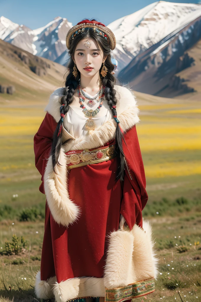(((best quality))),(((ultra detailed))),(((masterpiece))),illustration,a beautiful Tibetan girl,solo,slim,earrings,necklace,flat chest,Plush hat,parted red lips,snow-capped plateau,magnificent red traditional outfit,radiant smile,Standing by the roadside,vast verdant grasslands,majestic snow-capped peaks,striking appearance,dark almond-shaped eyes,sparkling with joy,long flowing black hair,intricate braids,colorful beads,jewelries,intricately woven ribbons,red rob embroidered with golden threads,Tibetan culture,lush green grasslands,serene ambiance,sheep and yaks grazing,crisp air,invigorating scent of the highland,beauty and resilience,pure bliss,full body,boots,