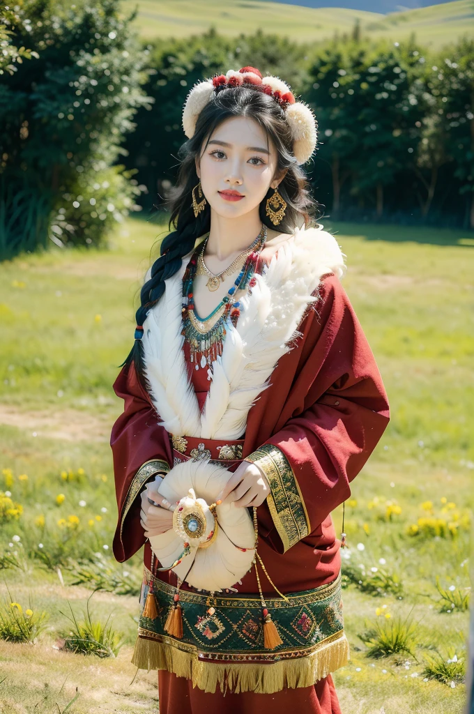 (((best quality))),(((ultra detailed))),(((masterpiece))),illustration,a beautiful Tibetan girl,solo,slim,earrings,necklace,flat chest,Plush hat,parted red lips,snow-capped plateau,magnificent red traditional outfit,radiant smile,Standing by the roadside,vast verdant grasslands,majestic snow-capped peaks,striking appearance,dark almond-shaped eyes,sparkling with joy,long flowing black hair,intricate braids,colorful beads,jewelries,intricately woven ribbons,red rob embroidered with golden threads,Tibetan culture,lush green grasslands,serene ambiance,sheep and yaks grazing,crisp air,invigorating scent of the highland,beauty and resilience,pure bliss,full body,boots,