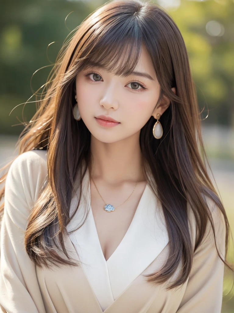 ((Highest quality, 8K, masterpiece:1.3)), concentrate: 1.2, Perfect body beauty: 1.4, Hips: 1.2, ((Long Hair, chest: 1.2)), (Dry clothes: 1.1) , (clear, Simple Background:1.3), Simple clothes: 1.1, Highly detailed face and skin texture,Delicate eyes, double eyelid, Whitened skin, Rough skin、Long Hair、Earrings with bangs、necklace、 solo、Beige coat、White shirt, (((Beautiful girl with cute Japan)))、 ((Beautiful Japanese girl 20 years old))、 ((Baby Face))、 (((Slender body)))、 Upper Body,Face focus、necklace,Simple Background,From above, Realistic Hair、 A photograph was taken:Canon EOS R6、135mm、1/1250 seconds、f2.8、ISO400、(Detailed explanation of the hand)、(Masseter muscle area)、(Exquisite CG)、Long Hair, loose and curly hair、Korean Hair、Long Hair明るいベージュ色、グラデーションハイライトグレージュのゆるふわLong Hairスタイル、