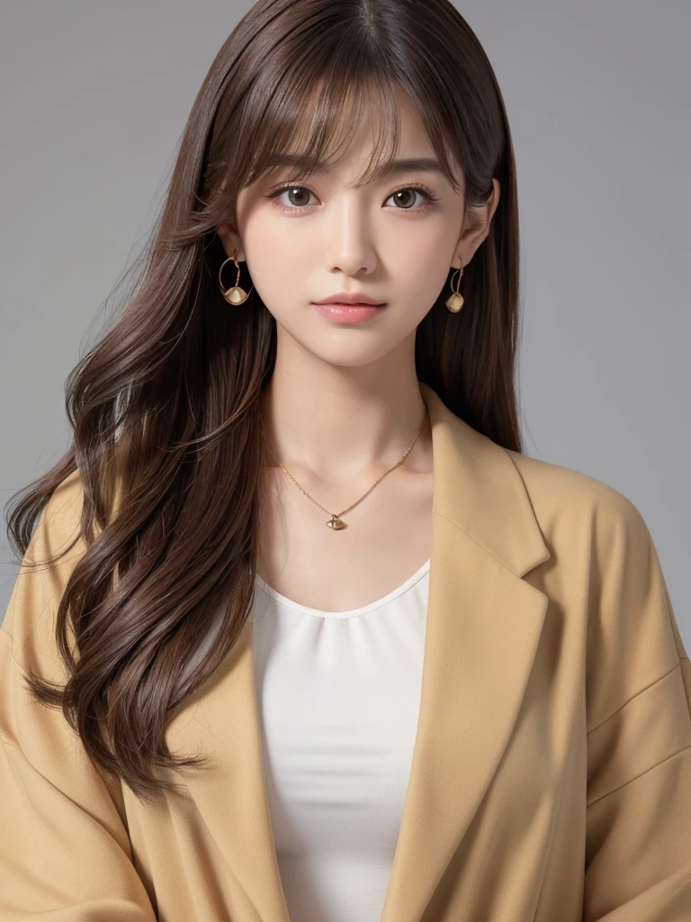 ((Highest quality, 8K, masterpiece:1.3)), concentrate: 1.2, Perfect body beauty: 1.4, Hips: 1.2, ((Long Hair, chest: 1.2)), (Dry clothes: 1.1) , (clear, Simple Background:1.3), Simple clothes: 1.1, Highly detailed face and skin texture,Delicate eyes, double eyelid, Whitened skin, Rough skin、Long Hair、Earrings with bangs、necklace、 solo、Beige coat、White shirt, (((Beautiful girl with cute Japan)))、 ((Beautiful Japanese girl 20 years old))、 ((Baby Face))、 (((Slender body)))、 Upper Body,Face focus、necklace,Simple Background,From above, Realistic Hair、 A photograph was taken:Canon EOS R6、135mm、1/1250 seconds、f2.8、ISO400、(Detailed explanation of the hand)、(Masseter muscle area)、(Exquisite CG)、Long Hair, loose and curly hair、Korean Hair、Long Hair明るいベージュ色、グラデーションハイライトグレージュのゆるふわLong Hairスタイル、