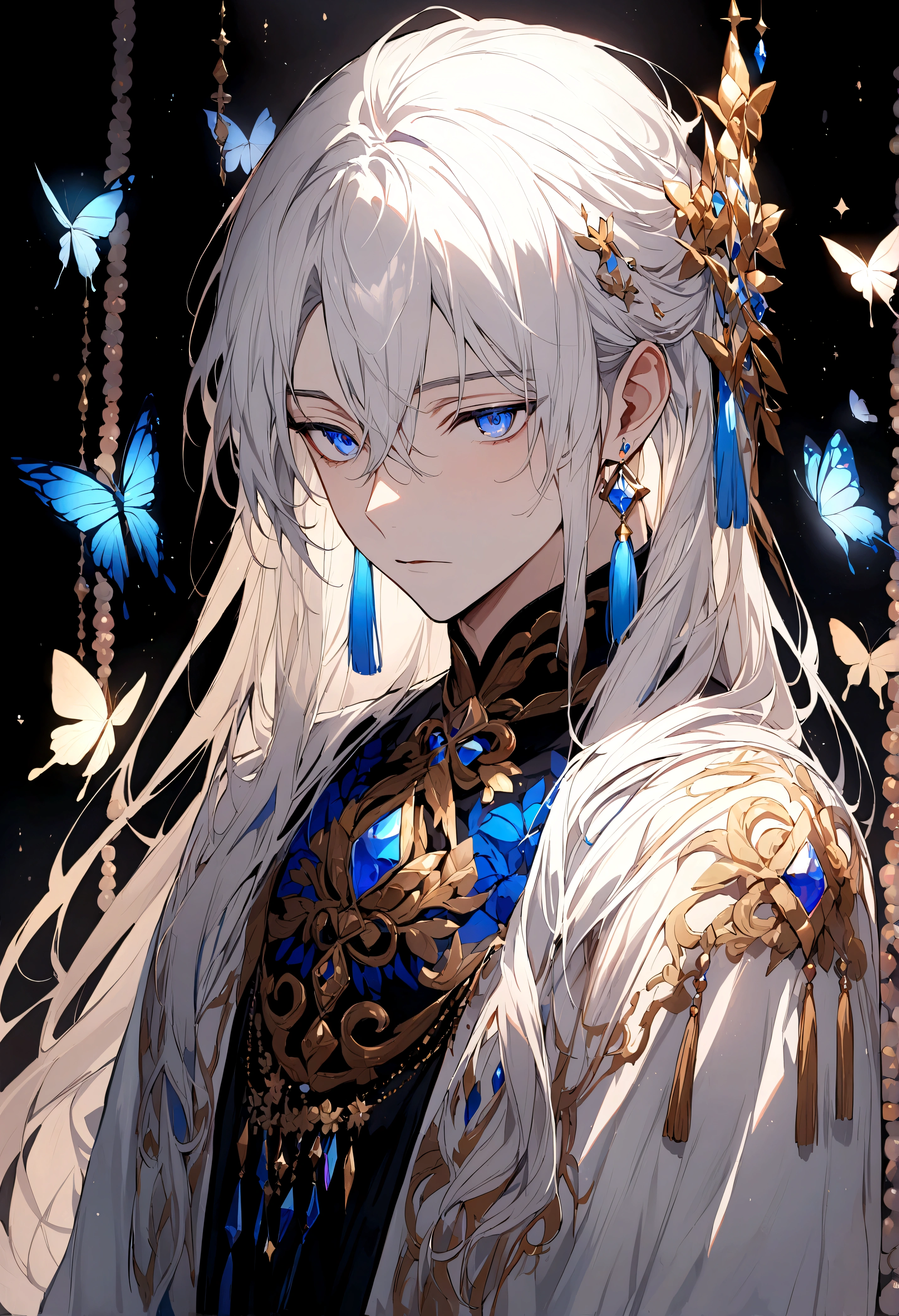 masterpiece, Male focus, 1 boy, solitary, White hair, tassel earrings, tassel, Jewelry, earrings, black background, blue eyes, Long hair, crystal, Butterfly, Upper Body, Colorful hair,Pearlescent Rose,Personal,The eyes are depicted in great detail