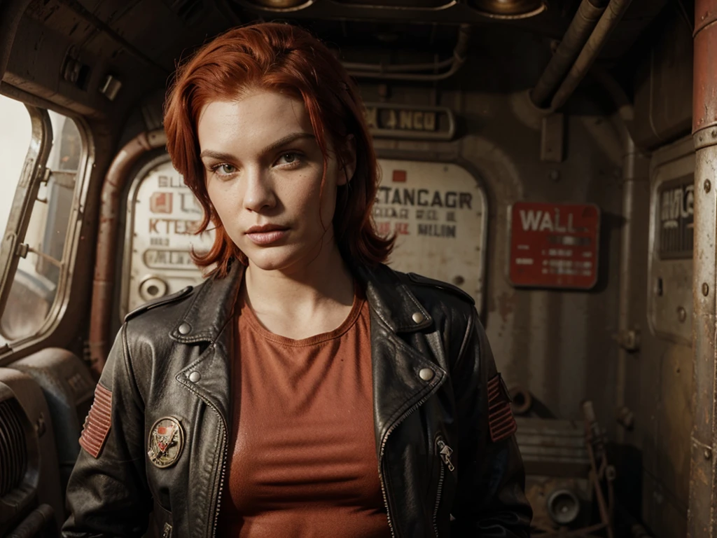 wasteland outlaw, red hair, black leather jacket, patches, retrofuturism, fallout, 50s