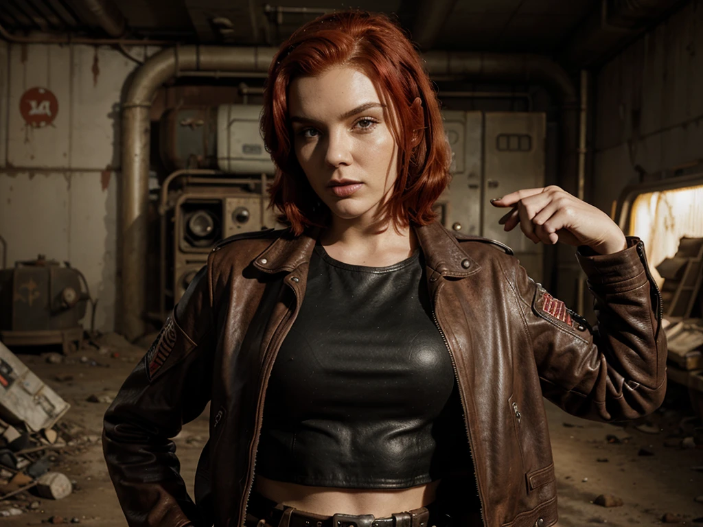 wasteland outlaw, red hair, black leather jacket, patches, retrofuturism, fallout, 50s