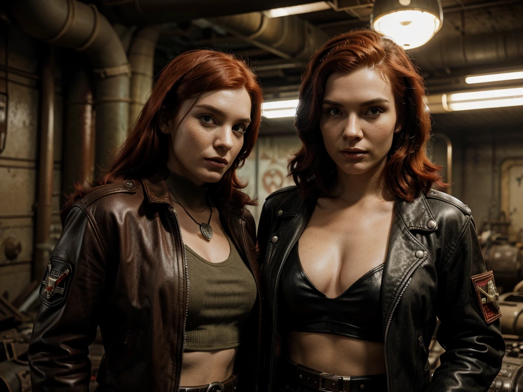 wasteland outlaw, red hair, black leather jacket, patches, retrofuturism, fallout, 50s