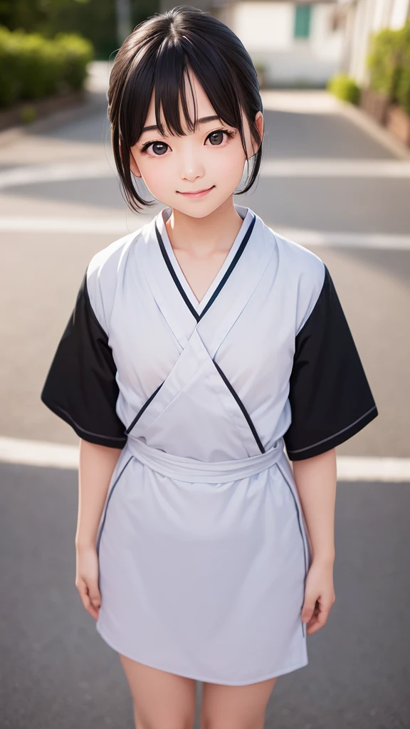 Best image quality, Focus, Soft light, Black hair, (Japanese)), (((Front, 15years old))), (Depth of field), Ultra high resolution, (Real: 1.4), RAW photo, ((( 裸エプロン))), smiling face
