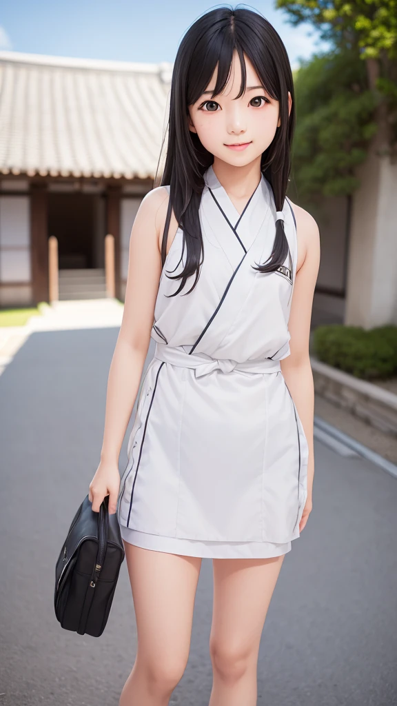 Best image quality, Focus, Soft light, Black hair, (Japanese)), (((Front, 15years old))), (Depth of field), Ultra high resolution, (Real: 1.4), RAW photo, ((( 裸エプロン))), smiling face
