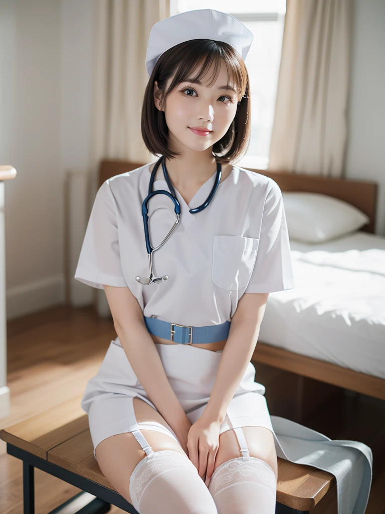(Highest quality: 1.5), (Realistic: 1.5), (1 person: 1.5), (Very detailed), (High resolution), 8K, Shoot from below, (Japanese women), ((wear White nurse uniform)), (Nurse cap), (Wear a micro mini skirt), (Medium chest), Natural color lips, Cute Smile, 20-year-old girl, (Beautiful and elaborate face), (Perfect and beautiful face), (Big eyes), (Beautiful and elaborate face), (Left/right balance) Beautiful Eyes), Beautiful double eyelids, Perfect and beautiful face, thin arched eyebrows, Slim face, (Slim figure), Beautiful thin nose, Beautiful Skin, (Medium Bob Hair), Natural Bangs, Fair skin, Front view Lighting, (Facial lighting), Dark blue eyes, Slim waistline, Slender and beautiful legs, nurse, Stethoscope, (Sitting on the operating table), (Wearing a white garter belt and white knee-high stockings), white nurse clothes, operating room、((White nurse clothes)), ((White Micro Mini Skirt)), pure white,
