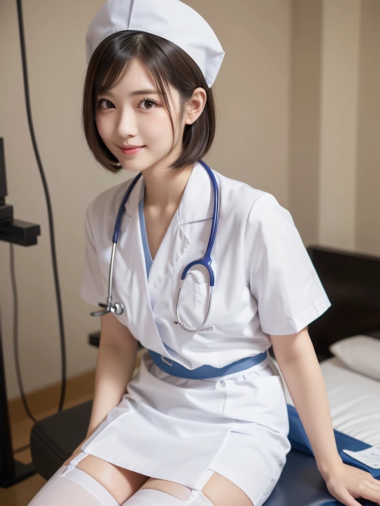 (Highest quality: 1.5), (Realistic: 1.5), (1 person: 1.5), (Very detailed), (High resolution), 8K, Shoot from below, (Japanese women), ((wear White nurse uniform)), (Nurse cap), (Wear a micro mini skirt), (Medium chest), Natural color lips, Cute Smile, 20-year-old girl, (Beautiful and elaborate face), (Perfect and beautiful face), (Big eyes), (Beautiful and elaborate face), (Left/right balance) Beautiful Eyes), Beautiful double eyelids, Perfect and beautiful face, thin arched eyebrows, Slim face, (Slim figure), Beautiful thin nose, Beautiful Skin, (Medium Bob Hair), Natural Bangs, Fair skin, Front view Lighting, (Facial lighting), Dark blue eyes, Slim waistline, Slender and beautiful legs, nurse, Stethoscope, (Sitting on the operating table), (Wearing a white garter belt and white knee-high stockings), white nurse clothes, operating room、((White nurse clothes)), ((White Micro Mini Skirt)), pure white,