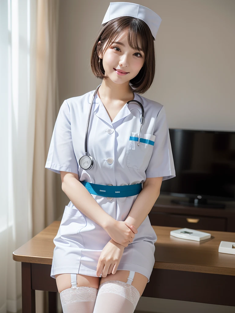 (Highest quality: 1.5), (Realistic: 1.5), (1 person: 1.5), (Very detailed), (High resolution), 8K, Shoot from below, (Japanese women), ((wear White nurse uniform)), (Nurse cap), (Wear a micro mini skirt), (Medium chest), Natural color lips, Cute Smile, 20-year-old girl, (Beautiful and elaborate face), (Perfect and beautiful face), (Big eyes), (Beautiful and elaborate face), (Left/right balance) Beautiful Eyes), Beautiful double eyelids, Perfect and beautiful face, thin arched eyebrows, Slim face, (Slim figure), Beautiful thin nose, Beautiful Skin, (Medium Bob Hair), Natural Bangs, Fair skin, Front view Lighting, (Facial lighting), Dark blue eyes, Slim waistline, Slender and beautiful legs, nurse, Stethoscope, (Sitting on the operating table), (Wearing a white garter belt and white knee-high stockings), white nurse clothes, operating room、((White nurse clothes)), ((White Micro Mini Skirt)), pure white,