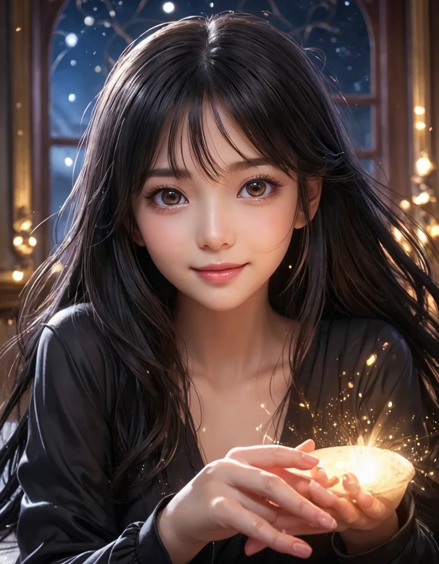 Smiling girl、Smiling、looks happy、Beautiful detailed eyes、Beautiful detailed lips、Highly detailed face、Long eyelashes、Girl in the garden、Natural light、Colorful flowers、Bright colors、Delicate petals、Serene atmosphere、Intricate details、ether、magical realism、dream-like、Fantasy、Soft Focus、movie、Volumetric Lighting、Warm color palette、Glowing Skin、A radiant smile、Whimsical、Enchanting、(Highest quality、4K、8K、highres、masterpiece:1.2)、Super detailed、(Realistic、フォトRealistic、フォトRealistic:1.37)