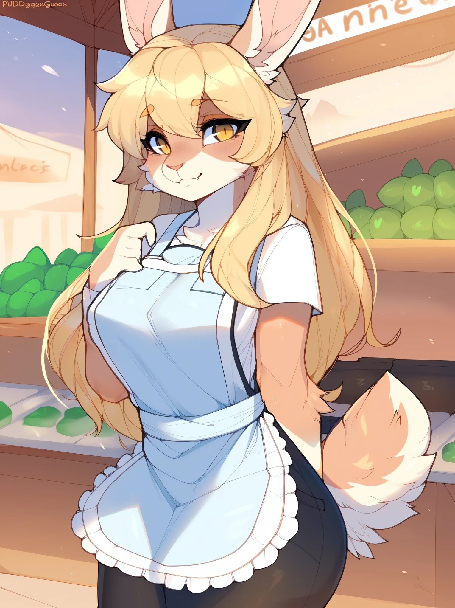 (highly detailed), ((Masterpiece)), ((Best Quality)), by claweddrip, by ressue, by pudgeruffian, by fleet-foot, by thericegoat, solo, female, rabbit, rabbit tail, (lop ears:1.1), blonde hair, long straight hair, beige fur, yellow eyes, bright eyes, medium breast, ((white shirt)), ((green apron)), ((black pants)), market scenery