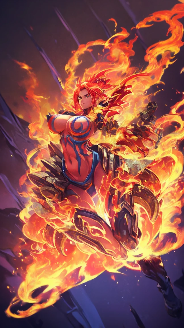 Fantasyart、(top-quality、masterpiece:1.2)、ultra-detailliert、(photoRealstic:1.1)、(sharp focus)、(A female spirit of melted flame that burns bright red:1.5)、(full body Esbian:1.4)、Detailed Molten Fire Elemental、(Red and Yellow Blue Flame:1.5)、Being in a fantasy world。Fructal art of flame、kindly smile、beautiful face、A detailed face、perfectly proportions、big breasts、busty, curvy hips、navel、buttock、Crotch gap、thighs thighs thighs thighs、(Dynamic Poses:1.5)、Steampunk style、Detail Master 2、steampunc、Movie girl、Girl melts、