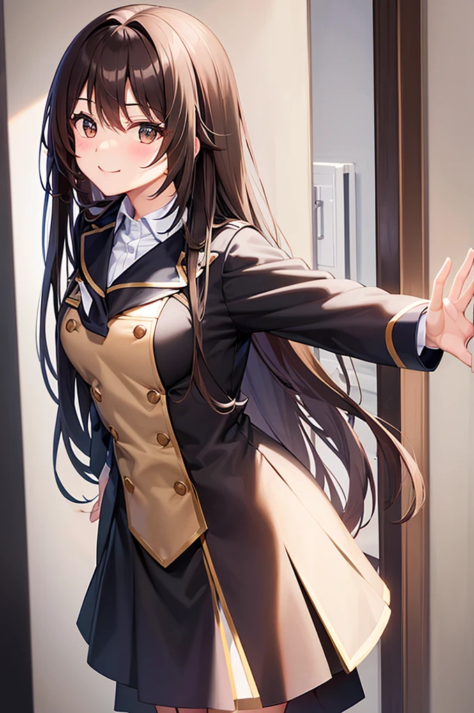 Please draw a high school girl with long brown hair.。The whole body is facing forward and smiling.。Wearing a uniform。Keep your arms at your sides。Please make sure to capture the entire body from the head up。Please make sure your head does not get cut off from the screen.。No pose needed。Plain background、Remove light and shadow effects。