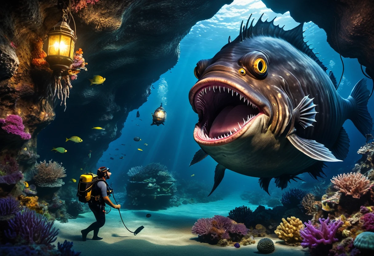 An anglerfish monster disguised as a giant underwater cave、(The giant mouth is full of treasures:1.4)、The treasure hunter divers approach without noticing.、Reality、Fantasy、