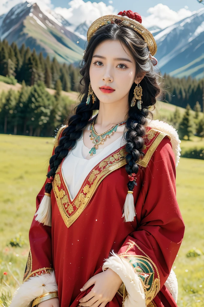 (((best quality))),(((ultra detailed))),(((masterpiece))),illustration,a beautiful Tibetan girl,solo,slim,earrings,necklace,flat chest,Plush hat,parted red lips,snow-capped plateau,magnificent red traditional outfit,radiant smile,Standing by the roadside,vast verdant grasslands,majestic snow-capped peaks,striking appearance,dark almond-shaped eyes,sparkling with joy,long flowing black hair,intricate braids,colorful beads,jewelries,intricately woven ribbons,red rob embroidered with golden threads,Tibetan culture,lush green grasslands,serene ambiance,sheep and yaks grazing,crisp air,invigorating scent of the highland,beauty and resilience,pure bliss,upper body,from back