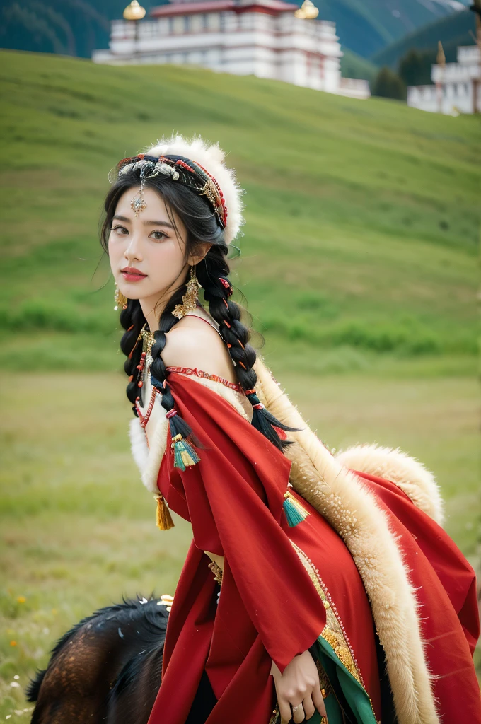 (((best quality))),(((ultra detailed))),(((masterpiece))),illustration,a beautiful Tibetan girl,solo,slim,earrings,necklace,flat chest,Plush hat,parted red lips,snow-capped plateau,magnificent red traditional outfit,radiant smile,Standing by the roadside,vast verdant grasslands,majestic snow-capped peaks,striking appearance,dark almond-shaped eyes,sparkling with joy,long flowing black hair,intricate braids,colorful beads,jewelries,intricately woven ribbons,red rob embroidered with golden threads,Tibetan culture,lush green grasslands,serene ambiance,sheep and yaks grazing,crisp air,invigorating scent of the highland,beauty and resilience,pure bliss,upper body,from back