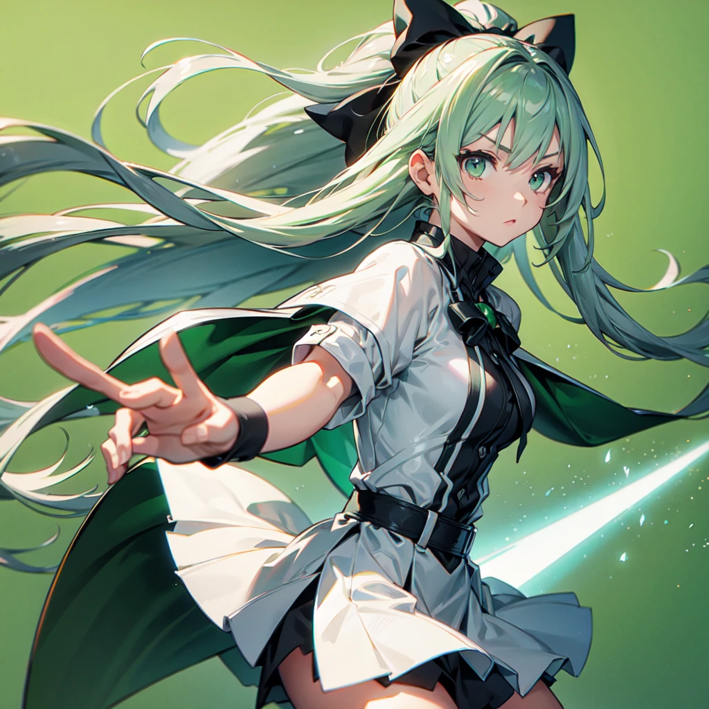 1girl、Dynamic composition、((Perspective Lens, Gray hair and light green gradient hair color, Long Hair、 A dynamic pose with a serious and determined expression, He is holding a large bow and aiming it at the viewer. )) 、((Pure Green Background:1.2)),Looks like she&#39;s in her early 20s,Shooting in mid-motion,With her long braided hair fluttering. Her outfit is reminiscent of cyberpunk.,Black and lime green color palette,And she&#39;s casually throwing money around,Be playful、Super huge、whole body、detailed、bow