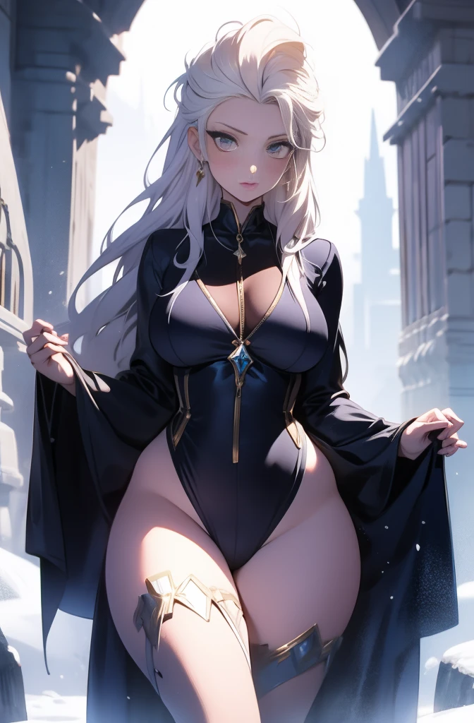 female, solo, young, y body, voluptuous figure, tightsuit, white hair, decolored blonde hair, ice effects around, ice queen, beautifull face, long hair, defined body, yellow and bright eyes, thick legs, strong legs, tall, Voluptuous legs, huge assig hip, big ass, fle sorcerer, blue and black robes,