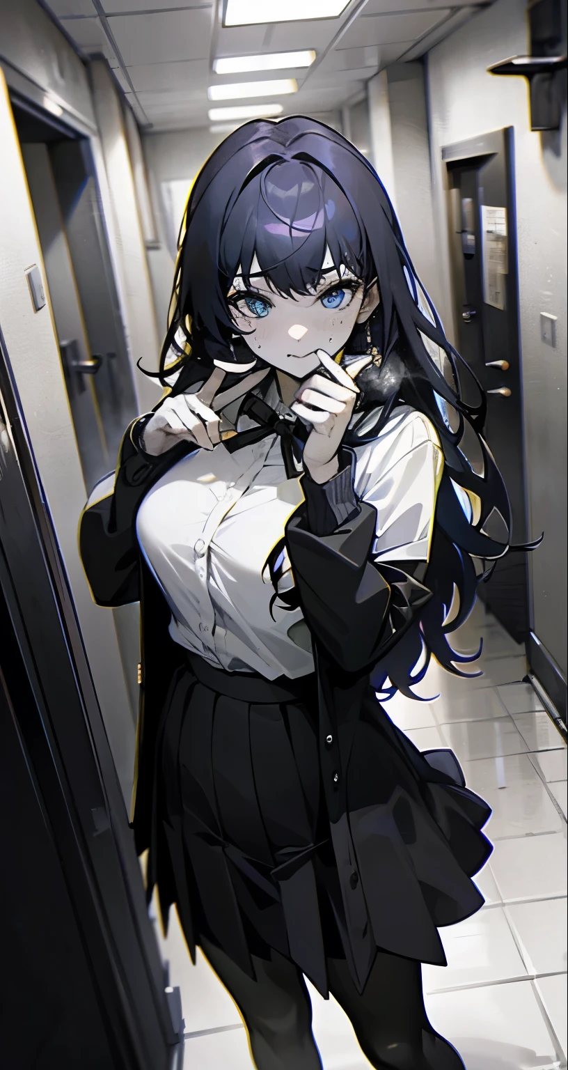 { masterpiece : best quality : high resolution : unity 8k wallpaper : illustration : beautiful detailed eyes : extremely detailed face : perfect lighting : extremely detailed CG : perfect hands : perfect anatomy }{ low lighting filter : monochrome horror colour : dark lighting : hallway } { Ichinose Shiki  : perfectly  shape breast : perfectly adult fit body : wearing white shirt untucked : skirt : brazzer jacket  : scared : sweating }