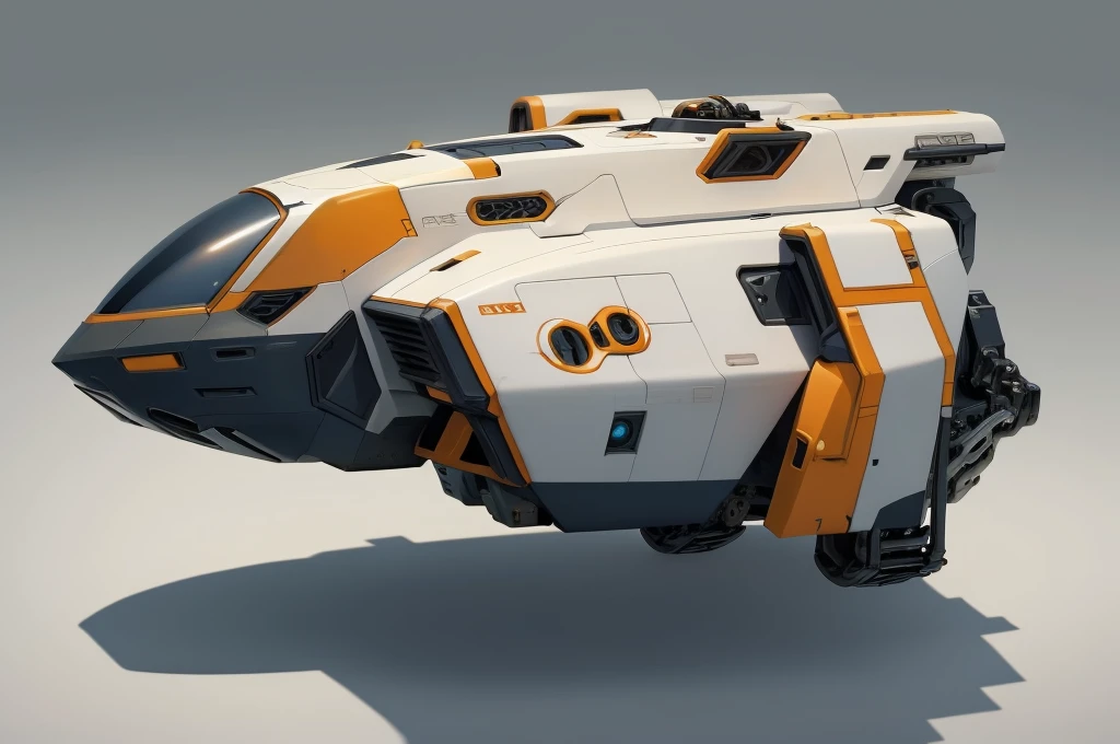 (masterpiece, top quality, best quality, official art, beautiful and aesthetic:1.2),(16k, best quality, masterpiece:1.2), CGgameplane csw, no humans, science fiction, white background, vehicle focus, blue and orange color scheme,  military vehicle, military, spacecraft, robot, simple background, mecha, thrusters, sci fi treads on wheels, realistic, 