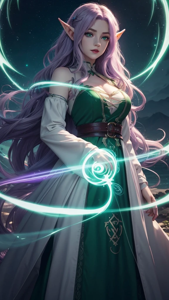 Irish woman, anime, cute, beautiful, high quality, night, 8k, long wavy light purple hair, green eyes, red lips, eyelashes, standing, dark room, magic, sigils, white flowing dress, magic swirls, elf ears, glowing green eyes, floating hair