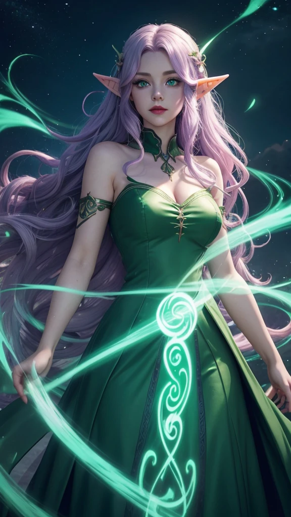Irish woman, anime, cute, beautiful, high quality, night, 8k, long wavy light purple hair, green eyes, red lips, eyelashes, standing, dark room, magic, sigils, white flowing dress, magic swirls, elf ears, glowing green eyes, floating hair