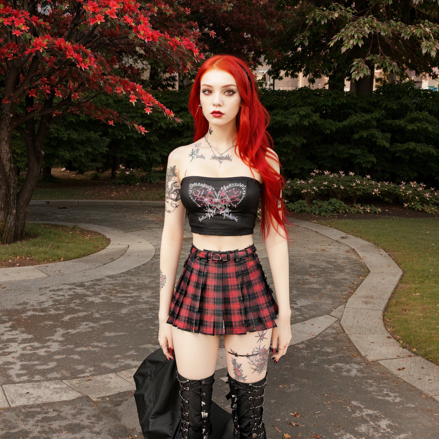 there is a woman with red hair and a skirt standing in a park, dressed in crustpunk clothing, punk outfit, wearing a punk outfit, dressed in punk clothing, inspired by Sim Sa-jeong, mall goth, gothic outfit, punk inspired, punk girl, imvu, floralpunk elysian maiden, inspired by Dulah Marie Evans, goth girl