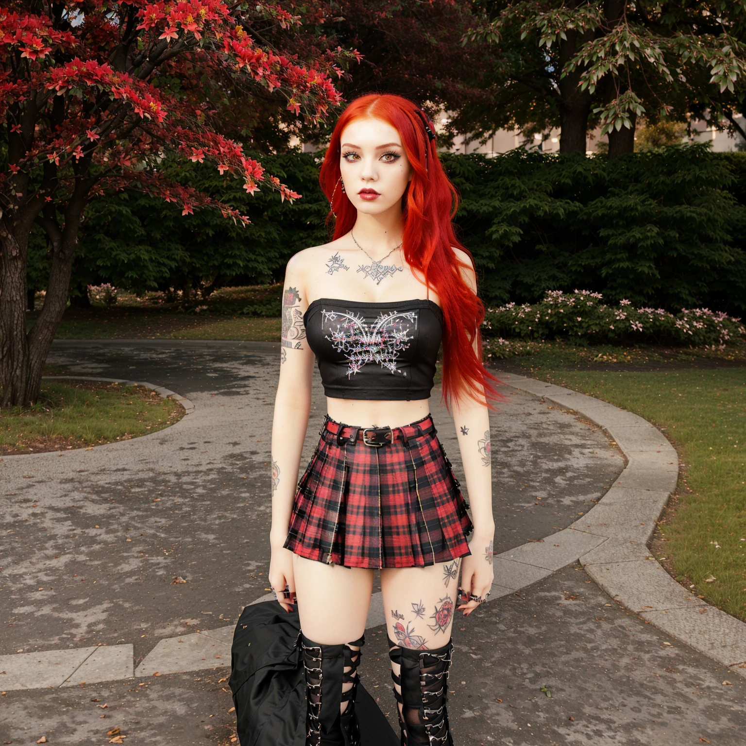 there is a woman with red hair and a skirt standing in a park, dressed in crustpunk clothing, punk outfit, wearing a punk outfit, dressed in punk clothing, inspired by Sim Sa-jeong, mall goth, gothic outfit, punk inspired, punk girl, imvu, floralpunk elysian maiden, inspired by Dulah Marie Evans, goth girl