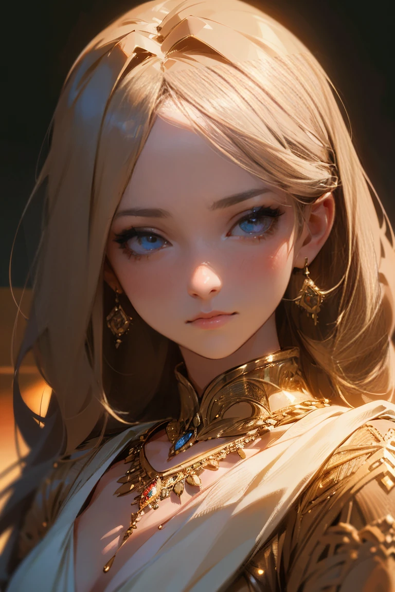 a beautiful detailed portrait of a young girl, extremely detailed eyes and face, longeyelashes, delicate skin, intricate jewelry, finely detailed dress, best quality, masterpiece, ultra-detailed, 8k, photorealistic, cinematic lighting, dramatic shadows, warm color palette