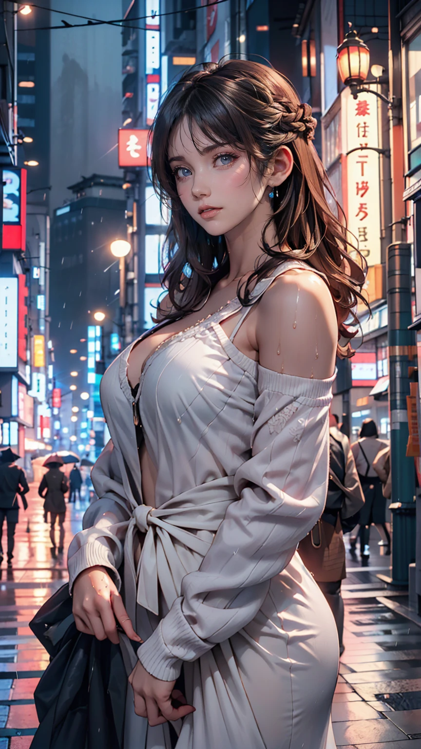 8K, RAW Photos, Highest quality, masterpiece:1.2),(Realistic, photo-Realistic:1.37),Tokyo Street,night, rain, Wet,Cityscape,night, Cyberpunk City,Soft Light,One girl,, Very beautiful face,bust,Put your hands down,Random hairstyle,Random hair color,Random representation,Pigsney