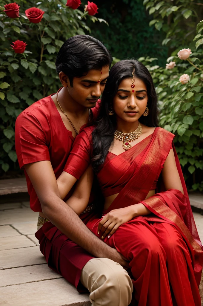 A india girl in a red saree crying with her head on a indian boy's lap. They are on a beautiful garden of red Roses 