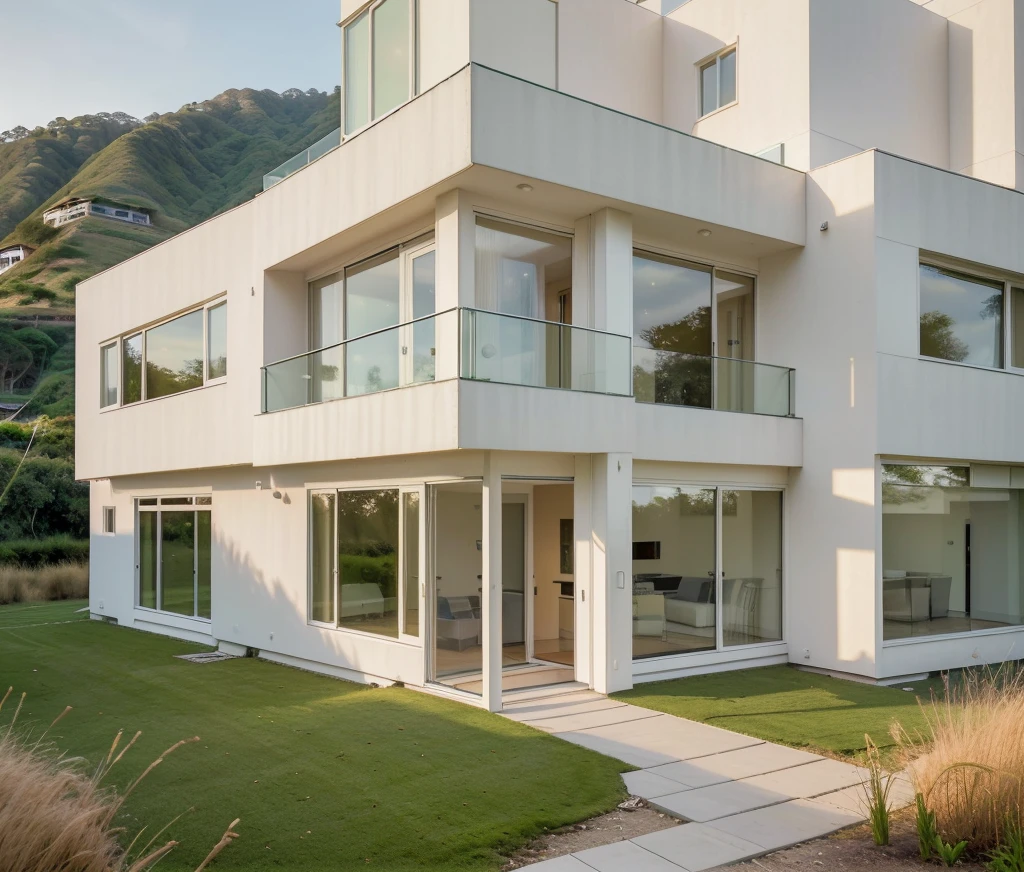 in the morning, sunrise, contemporary house exterior, beige and white mix together, glass door and window, large span balcony, on grassland, hillside, tropical landscape, masterpiece, high quality, ultra hd,