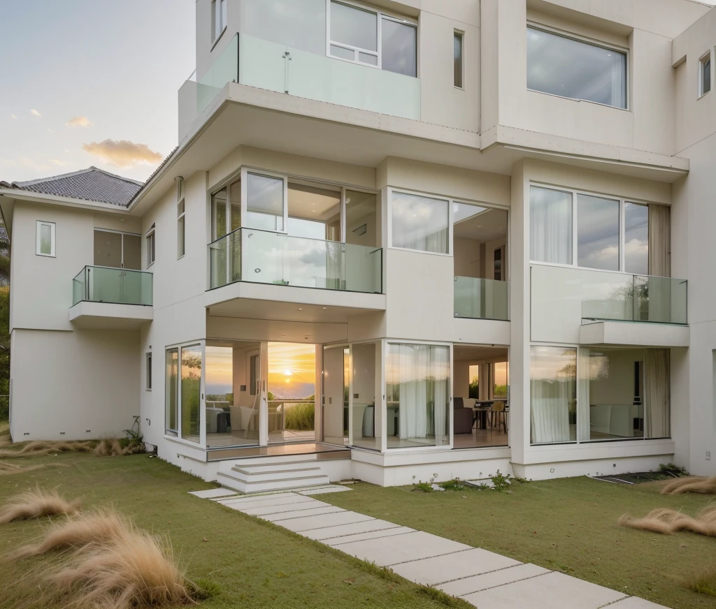 in the morning, sunrise, contemporary house exterior, beige and white mix together, glass door and window, large span balcony, on grassland, hillside, tropical landscape, masterpiece, high quality, ultra hd,