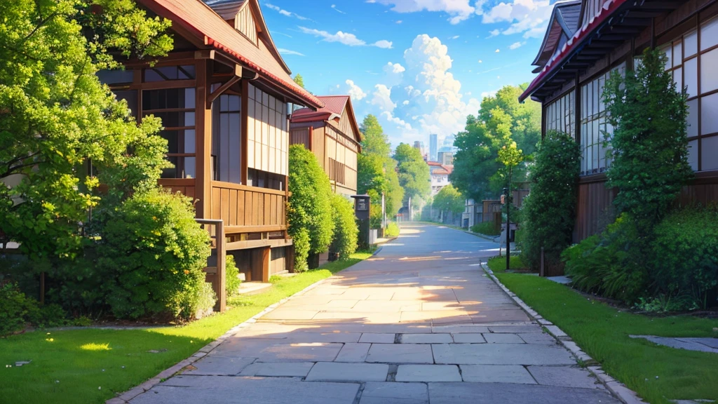 Детальный Anime-фон, visual novel style, 2D games, beautiful detailed environment, the sun is shining, modern city architecture, Japan, Houses, City Street, daytime lighting, bright colors, (Best quality, 8K, A high resolution, masterpiece: 1.2), ultra-detailed,(Napkin, Anime:1.37),concept art, digital painting