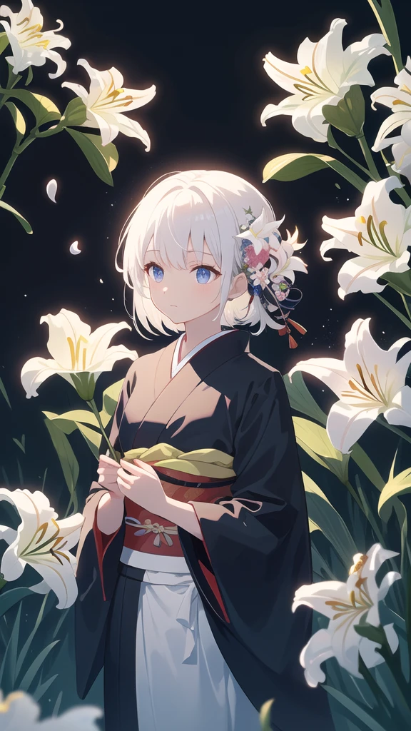 masterpiece, best quality, high resolution, detailed, illustration, (black background:1.2), Ray Tracing, night, (Flower Field:1.2), (lily:1.2), jellyfish, petal, Light Particles, Cowboy shooting, 1 Girl, Solitary, Holding flowers, (Black Kimono:1.2), White hair, Emergency 1,