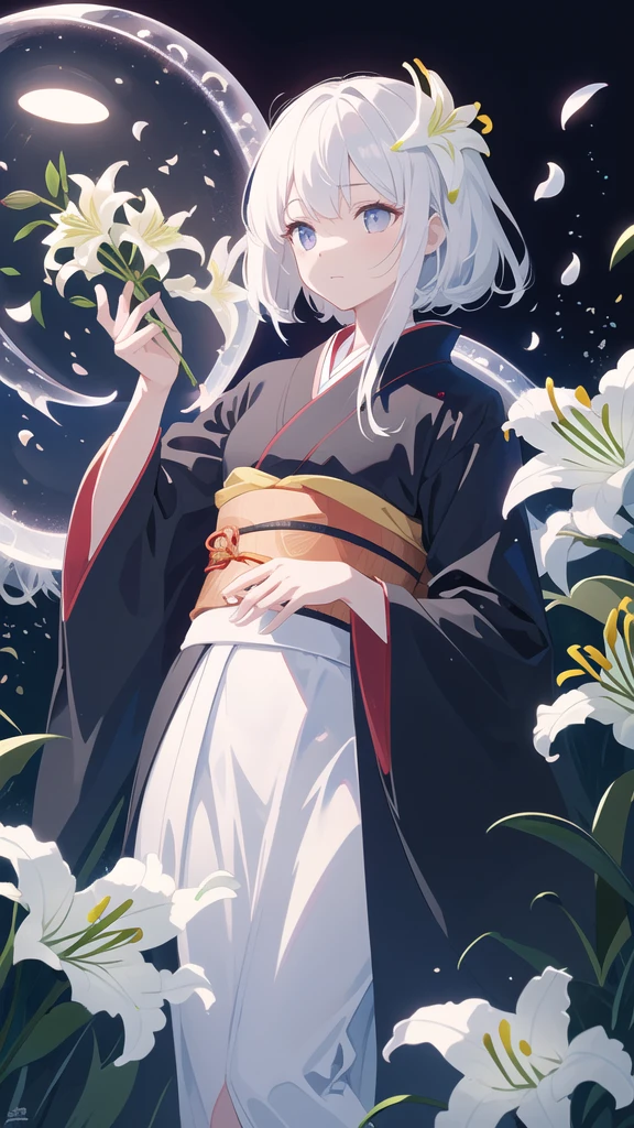 masterpiece, best quality, high resolution, detailed, illustration, (black background:1.2), Ray Tracing, night, (Flower Field:1.2), (lily:1.2), jellyfish, petal, Light Particles, Cowboy shooting, 1 Girl, Solitary, Holding flowers, (Black Kimono:1.2), White hair, Emergency 1,