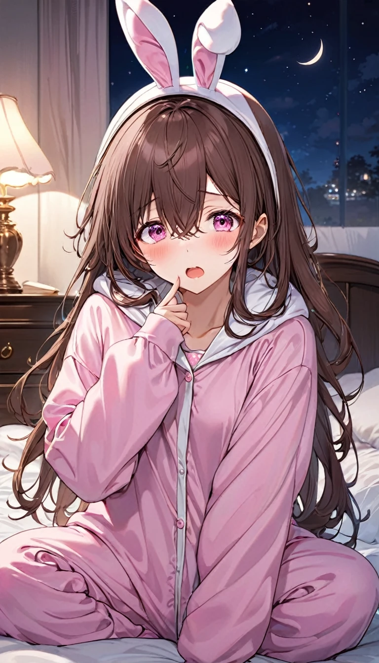 (Kigurumi pajamas style) 13 yo, (((hair over eyes))), (brown hair long hair cute girl, surprised pink eyes, surprised face), (in a bunny hooded, bunny kigurumi), break, in the lovely bedroom of night, BREAK, masterpiece, best quality, 16k, beautiful detailed night, daydreaming expression.