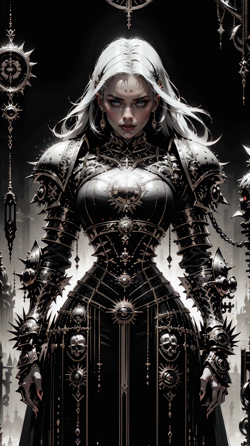 (masterpiece:1.1), (best quality:1.1), (ornate:1.1), (monochrome:1.3), (black and white:1.3), BREAK, (horror:1.0), (esoteric:1.1), (solo:1.4), (dynamic angle:1.0), (cowboy shot:1.0), (woman:1.1),(very muscular bodybuilder girl:1.25), (huge upper body:1.25), (narrow ????:1.0), long hair, (gothic intricate vampiric armor:1.25), ((full body front view)), (gauntlets:1.0), (shoulder armor:1.1), ((tarot style frame:1.45))