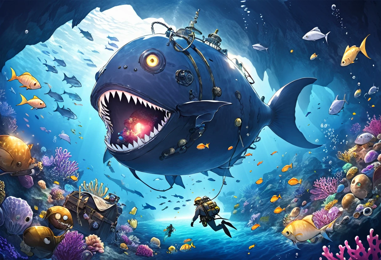 An anglerfish monster disguised as a giant underwater cave、(The giant mouth is full of treasures:1.4)、The treasure hunter divers approach without noticing.、Reality、Fantasy、